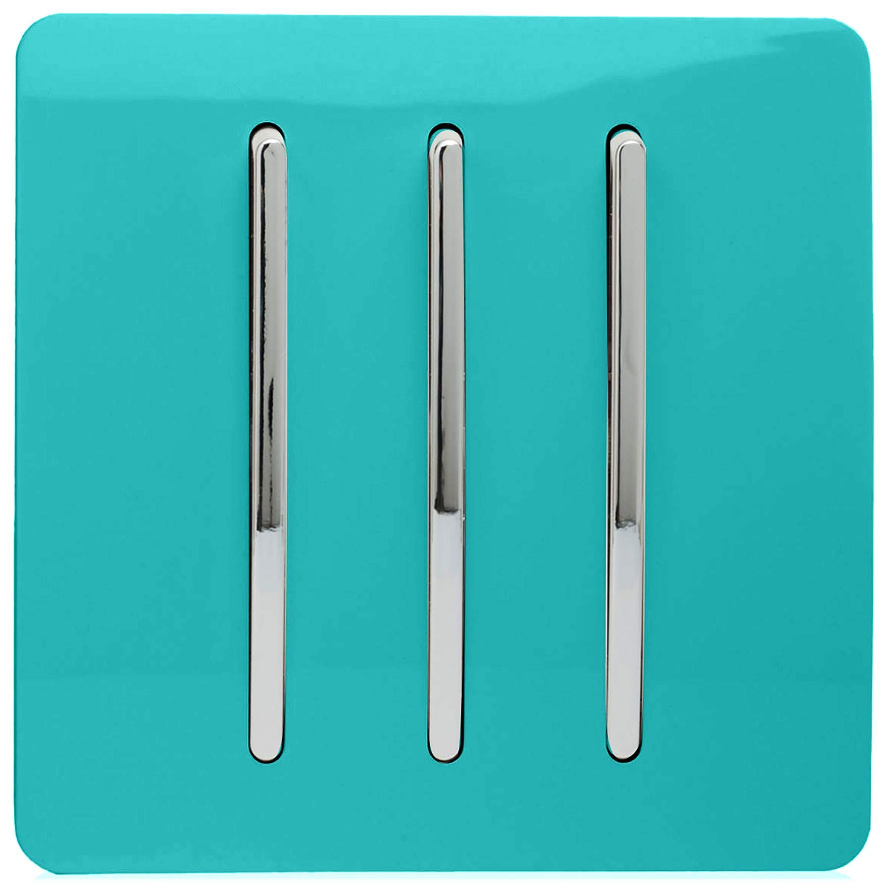 Trendi 3 Gang 2 way 240V Screwless Raised Front Plate Plastic Artistic Modern Glossy 10 Amp Chrome Rocker Triple Electrical Wall Light Switch Bright Teal - ART-SS6BT โ image 1