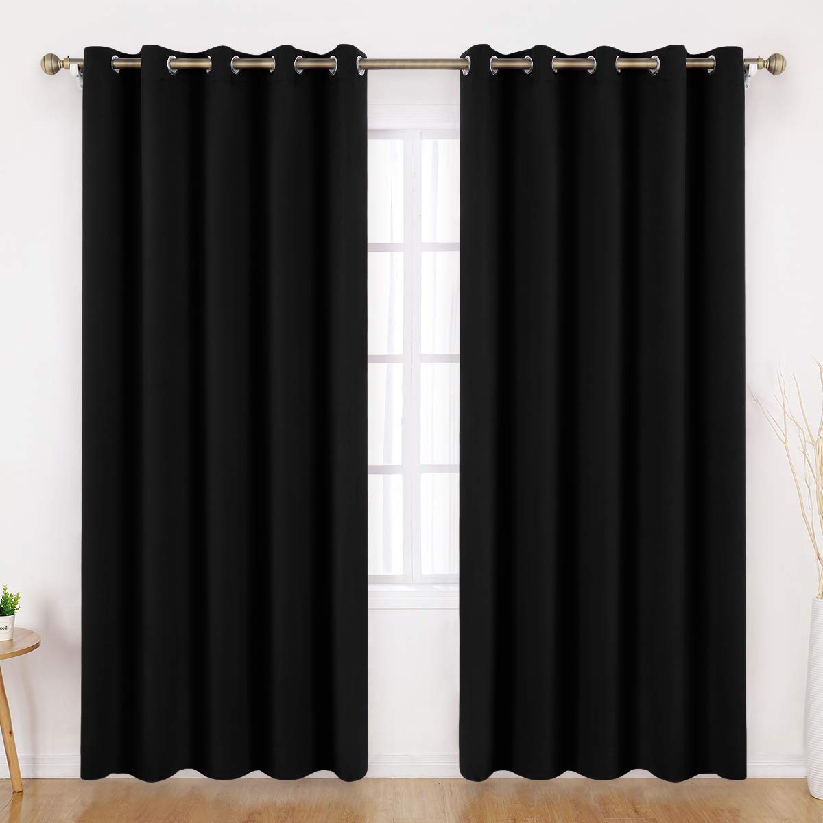 HOMEIDEAS Black Blackout Curtains 2 Panels 66 X 90 Inch Drop Room Darkening Eyelet Curtains for Bedroom Living Room, Thermal Insulated Light Blocking Window Drapes