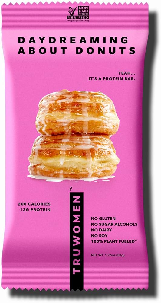 TRUWOMEN Plant Fueled Protein Bars, Daydreaming About Donuts, Single Count (50g) | Non-GMO, Vegan, Gluten Free, Kosher, Soy Free, Dairy Free, Healthy Snack Bar, Natural Ingredients | 12g Protein