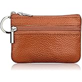 Hibate Brown Small Leather Coin Purse Change Pouch for Women Men Kids with Zip Key Ring