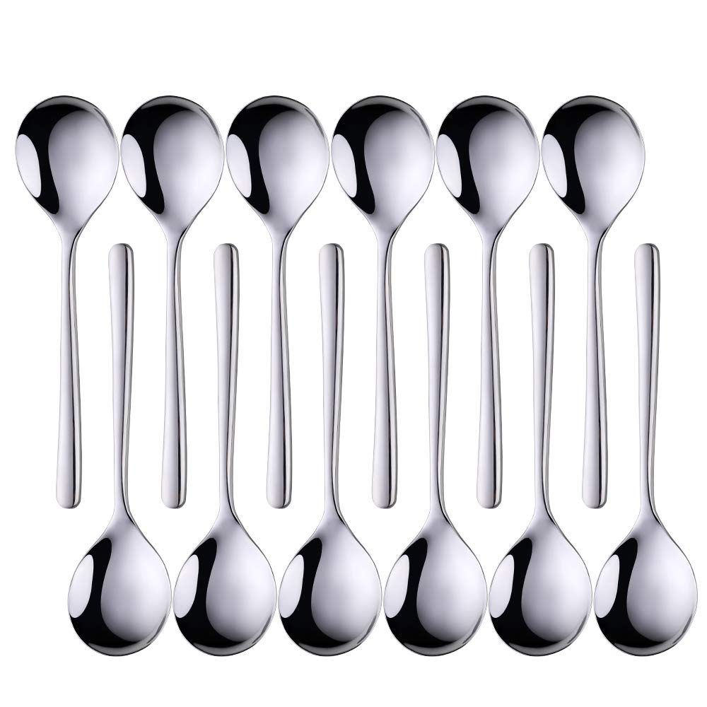 SUNSENGEUR Soup Spoons, Round Stainless Steel Bouillon Spoons with Oval-Shaped 12-Piece Stainless Steel Set Use for Coffee Sugar Dessert Cake Ice Cream Soup Antipasto Cappuccino- 6.7 Inches, Silver