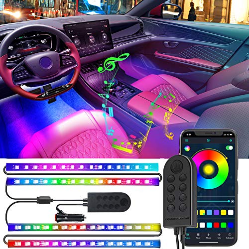 Bluetooth Interior Car Lights, 4pcs 60 LED Multicolor Music Car Strip Light Decorative Atmosphere Glow Neon Lighting Kit…