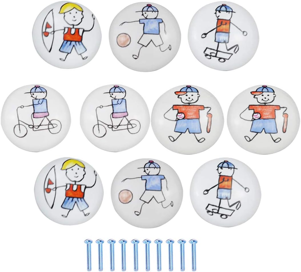 OVERWELL Kids Door Knobs, 10pcs Creative Cartoon Boys Ceramic Door Knobs Drawer Handle Pulls for Cupboards, Wardrobes, Cabinet, Drawer and Room Decor