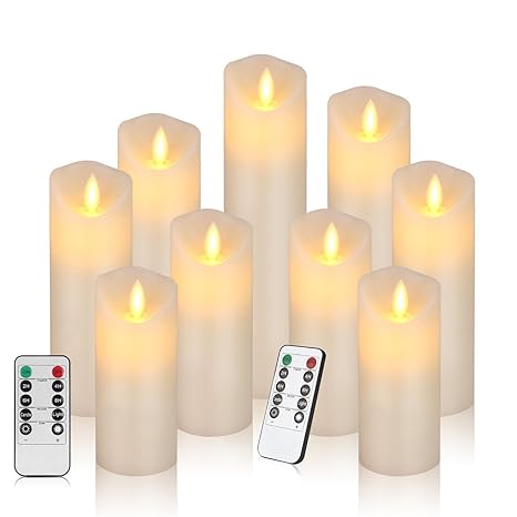 LED Kerzen im 9er Set (10,2 cm 12,7 cm 15,2 cm 17,8 cm 20,3 cm 22,9cm) Realistisch flackernde LED-Flammen aus Echtwachs in El