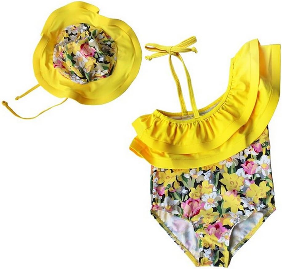 HLWLWOLFOYC Little Girls One-Shoulder Floral Swimsuit with Sun Hat Yellow