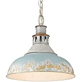 Vintage Style 1-Light Large Pendant in Aged Galvanized Steel with Rustic Antique Teal Shade 14 inches W X 13.38 inches H-Aged