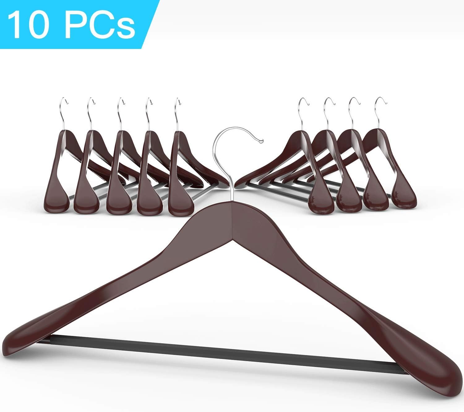 Suit Hanger 10 Pack, Wooden Coat Hangers Wide Shoulder, Wrinkle Prevention, Solid Wood, Fine Polished with Non-Slip Tube and Durable Chromed Hook, Dark Walnut