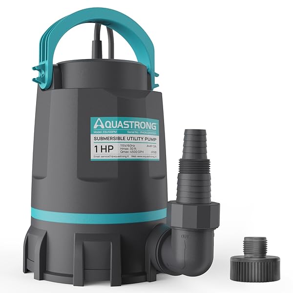 AQUASTRONG SUMP PUMP 1 HP 4500 GPH SUBMERSIBLE WATER PUMP THERMOPLASTIC PORTABLE UTILITY PUMP HIGH FLOW WATER REMOVAL FOR SWIMMING POOL GARDEN POND BASEMENT WINDOW WELLS WITH 10FT LONG POWER CORD