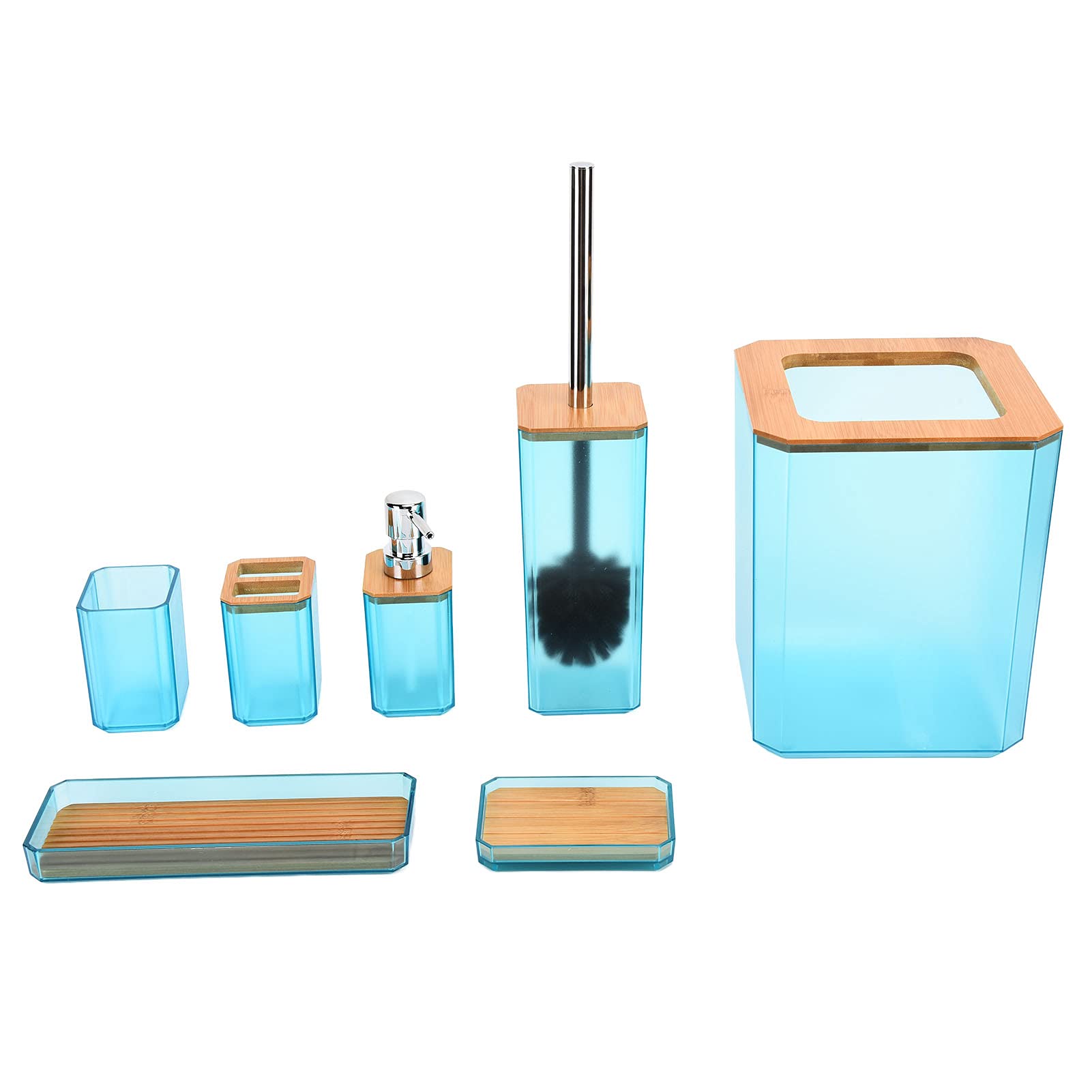 7Pcs Bamboo Bathroom Accessory Set, Luxury Modern Bathroom Accessory Bath Set Toothbrush Holder Tumbler Toilet Brush Set Soap Dish Trash Can Soap Dispenser Bath Set(Blue)