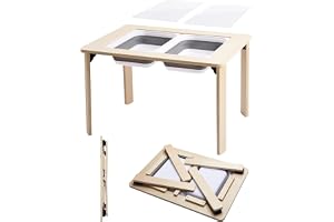 HiMummy Sensory Play Activity Table for Kids, Foldable Table for Easy Storage with 2 Collapsible Storage Bins and Acrylic Painting Board, Wooden Made