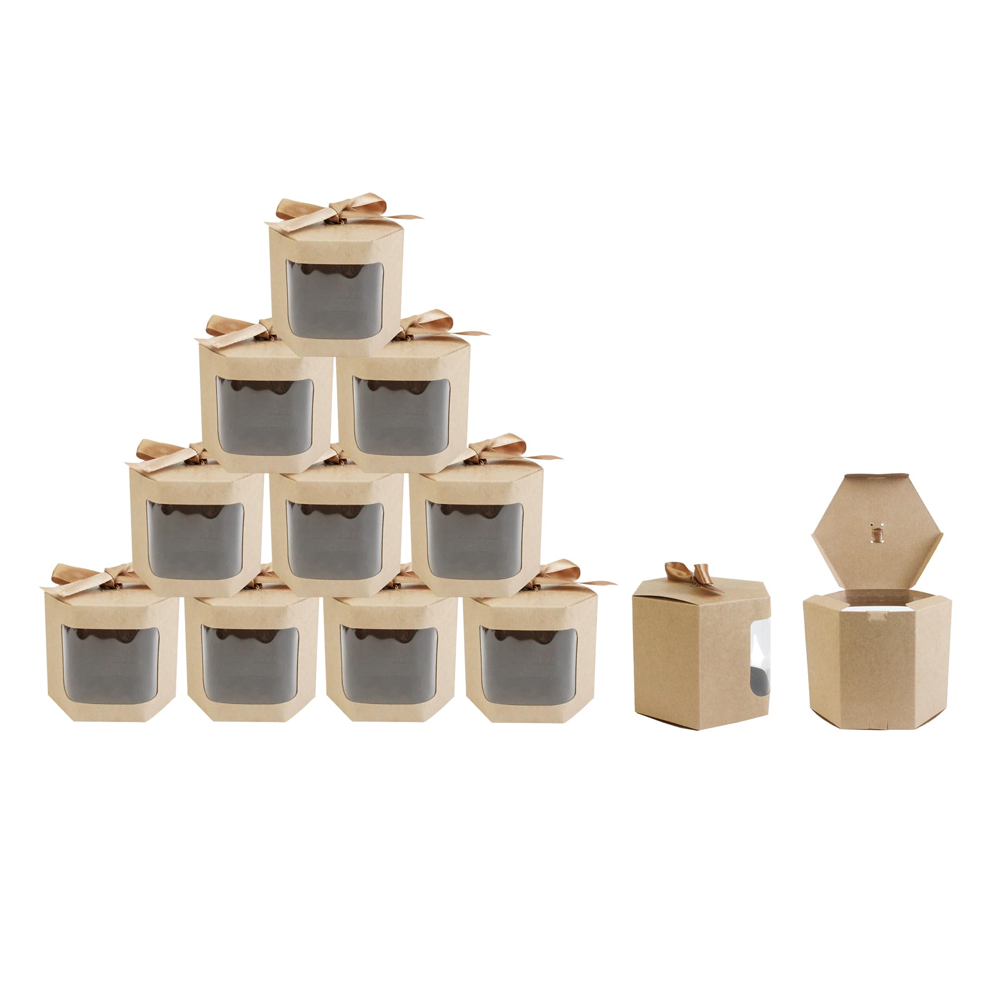 Emartbuy Strong Paper Stand Up Hexagon Gift Bag, 10 cm x 10 cm x 12 cm, Brown Kraft Bag Cupcakes Cookies Muffin Pie Box with Clear Window and Ribbon - Pack of 24