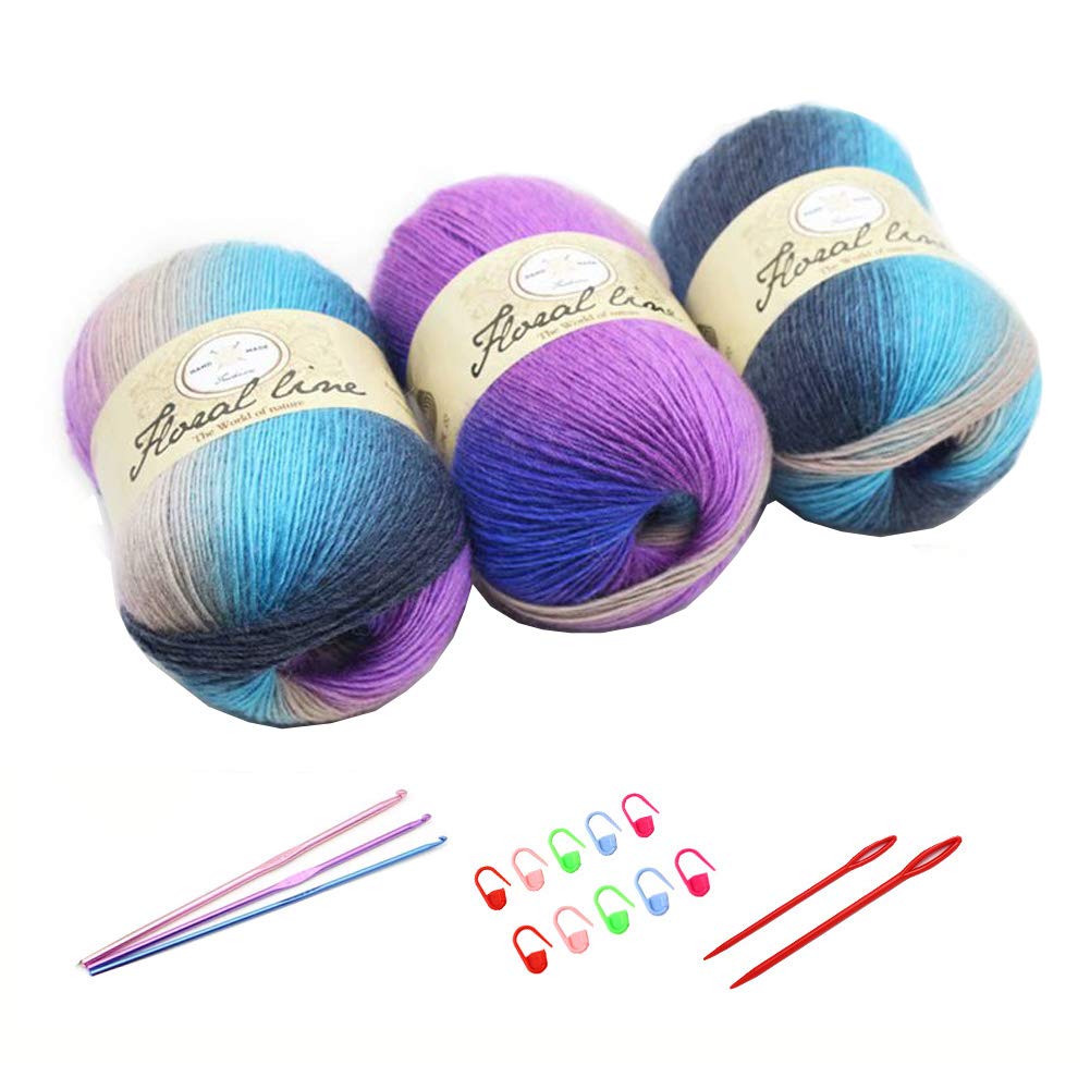 3X 100g Rainbow Wool Yarn Balls Chunky Knit Double Pom Pom Coloured Chunky Wool with 3 Crochet Hooks, 2 Needles, 10 Crochet Locking Stitch Markers for Beginners (213)