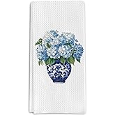 Chinoiserie Hydrangea Gifts Kitchen Towels, Blue and White Hydrangea Decorative Towels for Bar Kitchen Bathroom