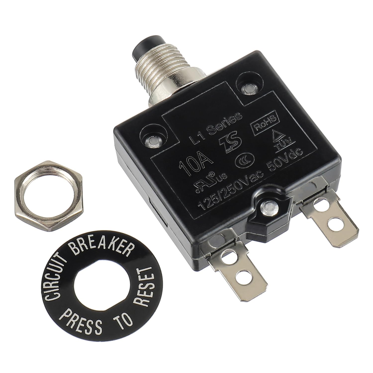 HUWREW 10 Amp Push Button Circuit Breaker 125-250V AC 50V DC L1 Series Manual Reset Thermal Circuit Breaker 10A Thermal Overload Protector