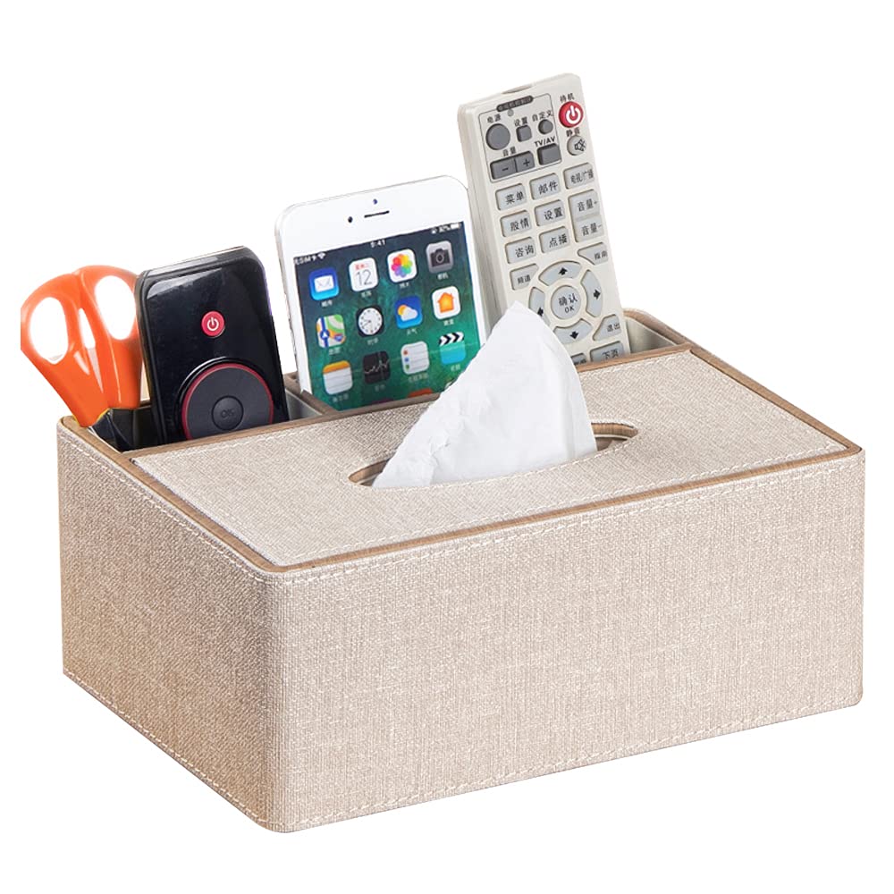 Birsppy Laikesj Multifunction Leather Pen Pencil Remote Control Holder and Tissue Box Cover, Desk Storage Box Container for Home and Office Use (Beige Cloth)