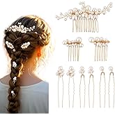 9 PCS Gold Wedding Bridal Pearl Hair Pins Hair Combs Clips Hair Accessories Flower Headpieces Jewelry for Brides Bridesmaids Women Girls