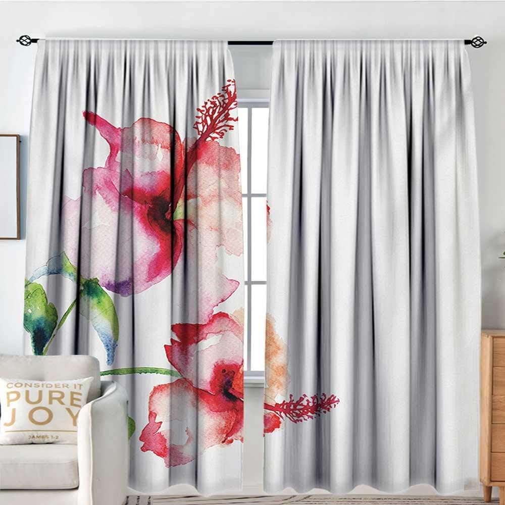 NUOMANAN Kitchen Curtains Watercolor Flower,Hibiscus Flowers on Plain Background in Pastel Colors Nature Theme,White Red Green,Darkening and Thermal Insulating Drapes 54"x84"