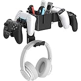 KDD Controller Wall Mount & Headset Holder, Universal Gaming Organizer Stand with Storage Box, Fits Xbox Series X/S, PS4, PS5, Switch, Steam, Gamepad Hanger for Headphones & Accessories
