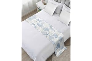 HOMECHOID Blue Grey Coastal Bed Runner for Full/Queen Size Bed, Bedspread Protector Slipcover Bed Scarf for Foot Bed Runners & Scarves for Bedroom Hotel Wedding Room 83x20 Sea Turtle Nautical Coral Summer Beach