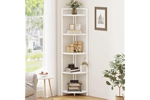 FATORRI Tall Corner Shelf, 5 Tier Modern Corner Bookshelf Stand, Wood and Metal Corner Plant Bookcase for Living Room, Home Office (White Oak)