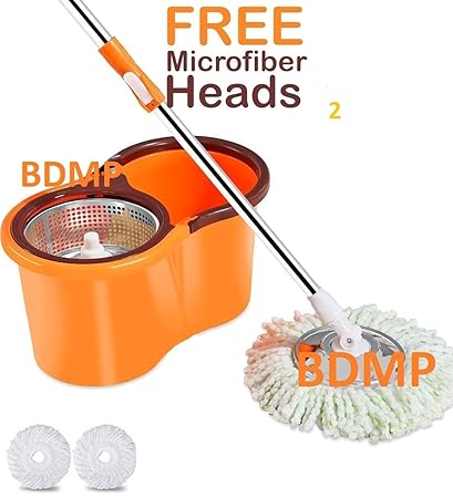 BDMP Mop Bucket Magic Spin Mop Bucket Double Drive Hand Pressure with 2 Microfiber Mop Head Household Floor Cleaning & 4 Colors Available