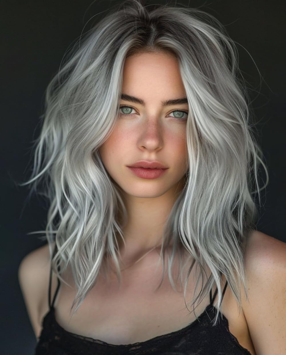 PORSMEER Short Gray Silver Wig Natural Lace Hairline Wigs with Middle Part Shoulder Length Short Wavy Synthetic Bob Wig Realistic Looking Wigs for Daily Party Use 14”