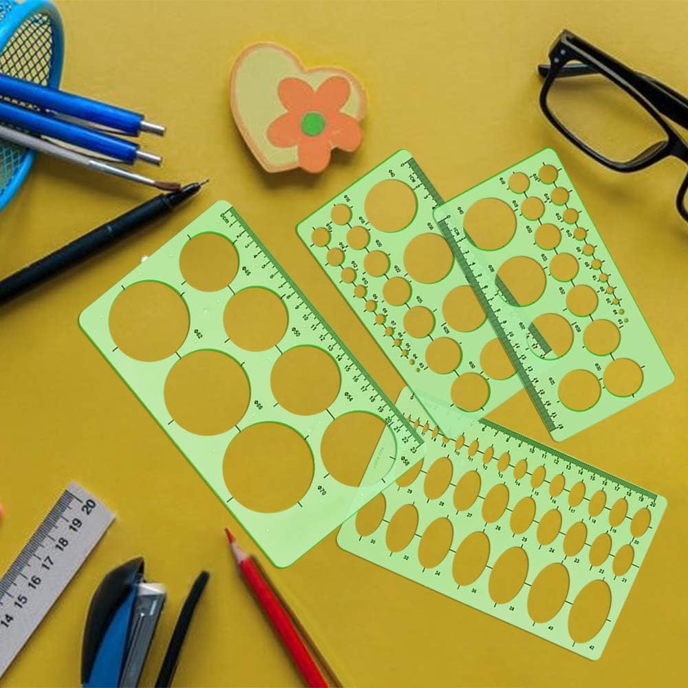 Circle and Oval Template, 4 Pack Clear Green Plastic Measuring Template Ruler Geometric Ruler Template for Office and School, Building Formwork, Drawing Templates : Office Products