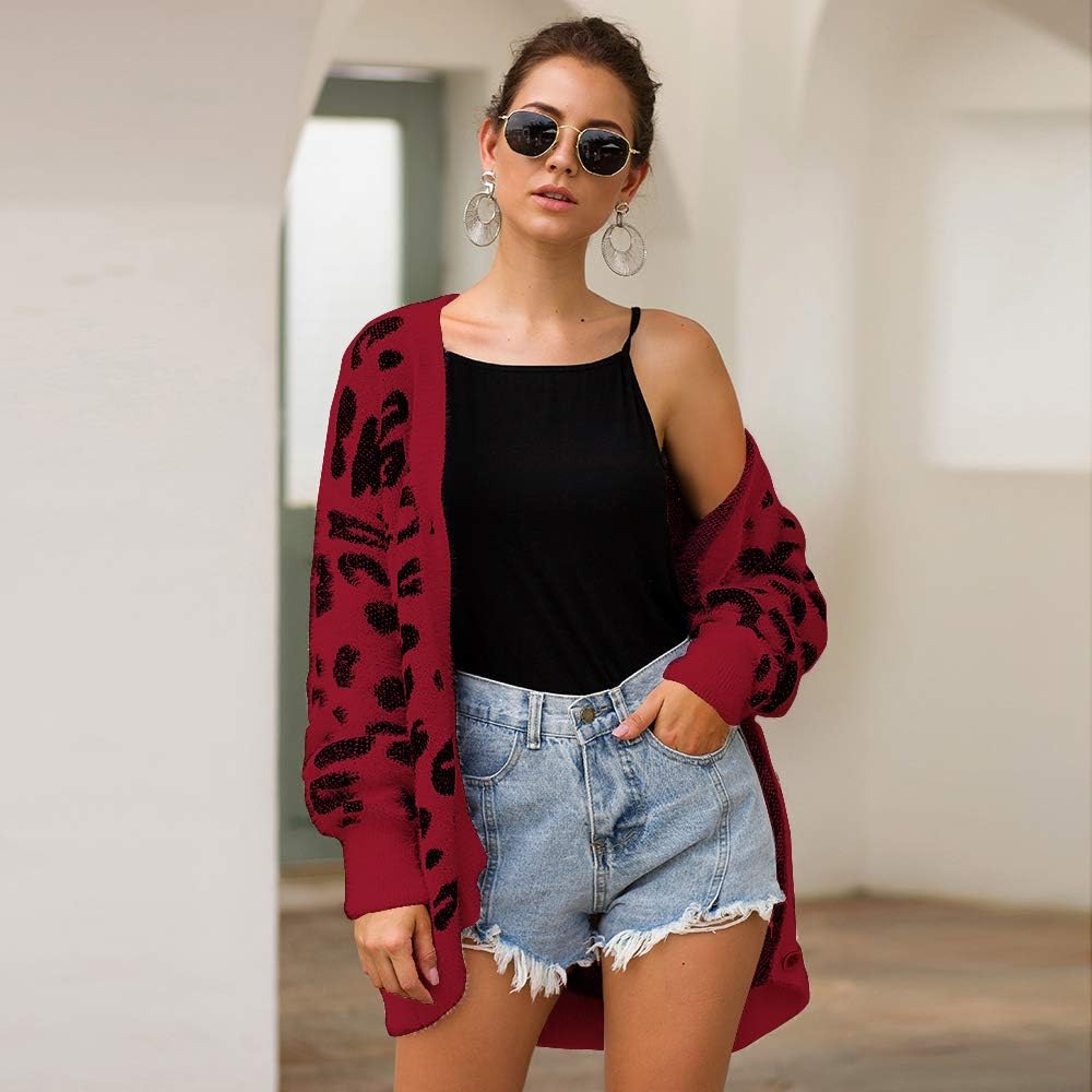 BTFBM Women Fashion Leopard Print Button Down Long Sleeve Soft Loose Knit Sweater Cardigan Coat Fall Winter Outwear at  Women’s Clothing store