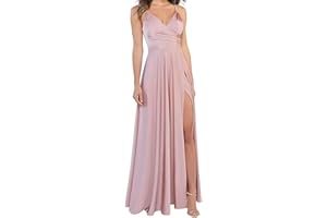 LINDO NOIVA Satin Bridesmaid Dresses for Women 2025 Spaghetti Straps V Neck Prom Dresses A Line Formal Party Dress with Slit LNL054