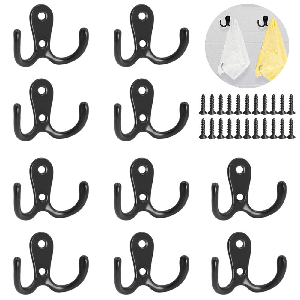 Geluode 10 Pack Double Prong Robe Hooks,Heavy Duty Coat Hooks Wall Mounted Coat Hanger Hat Hooks with 20 Screws for Kitchen Bathroom Bedroom