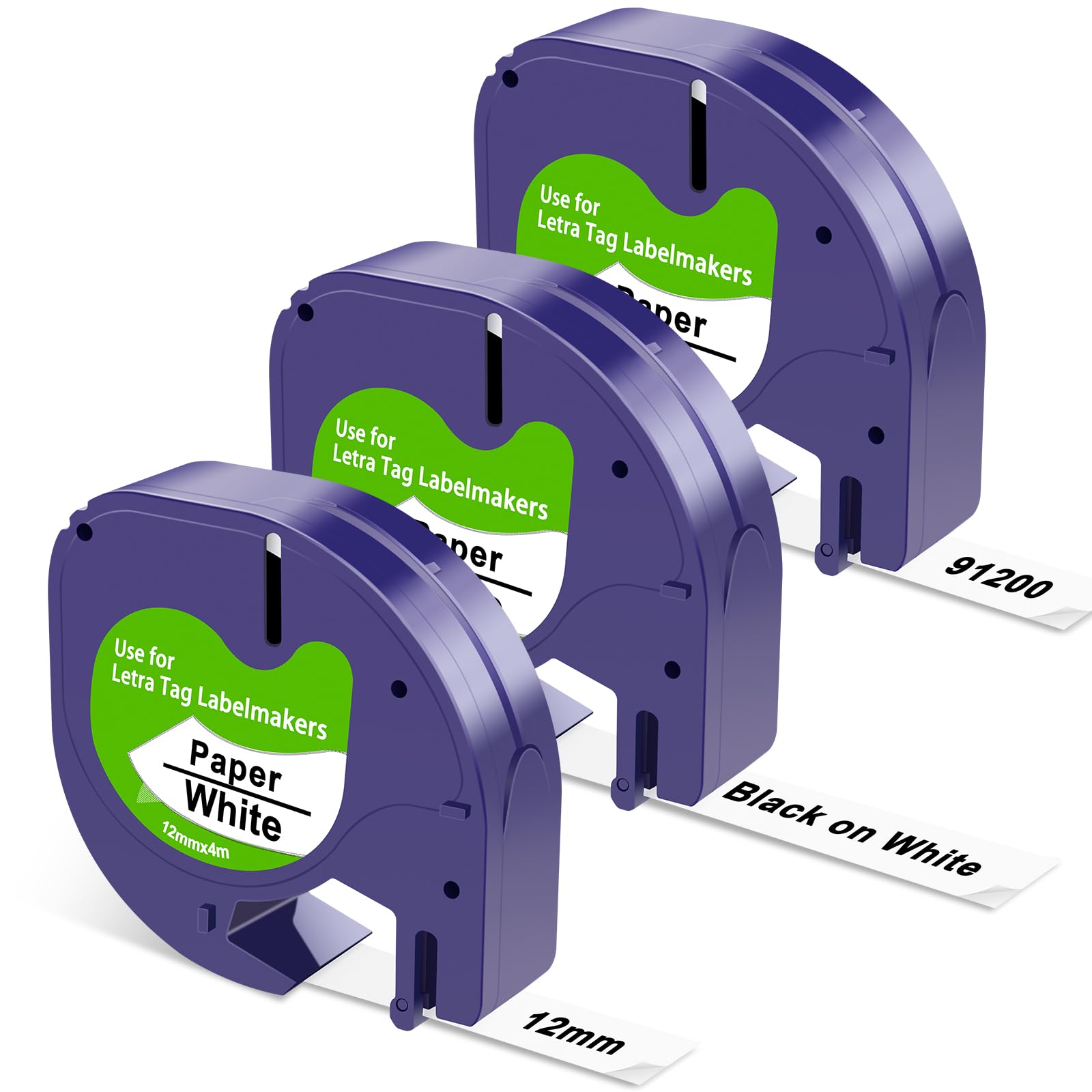 3X Compatible with Dymo Letratag Refills White Tape, 91200 12mm x 4m, Replacement for Dymo Label Tape Printer LT-100H LT-100T XR 200B XM Label Makers, Black on White