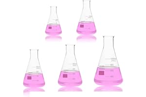 Labvida Narrow Mouth Glass Erlenmeyer Flasks Set, Vol. 50ml 150ml 250ml 500ml 1000ml, 3.3 Borocilicate with Printed Graduation, LVC008