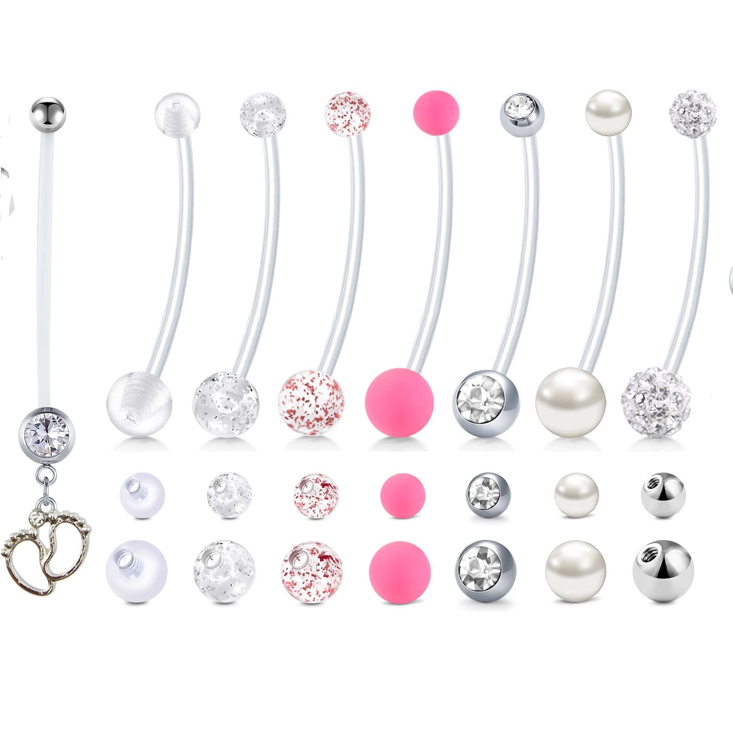 AceFun Pregnancy Belly Bars 7pcs Navel Rings for Maternity Sport Women 14g Pearl Flexible Bioplast Long Bar Nave Piercing Barbell Replacement Ball 32mm 38mm