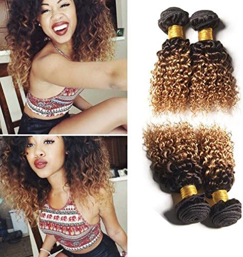 Wome Hair 4 Bundles/400g Peruvian Virgin Hair Kinky Curly 1B/27# Dark Roots Blonde Hair 100% Human Hair Wigs No Tangle Ombre Two Tone (22"22"24"24", 1B/27)