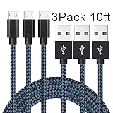 Akaho Micro USB Cable,3Pack 10FT Extra Long Nylon Braided High Speed 2.0 USB to Micro USB Charging Cables Android Fast Charger Cord for Samsung Galaxy S7 Edge/S6/S4,Note 5/4/3,HTC,Tablet(Black Blue)