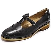 Mona flying Women's Leather Wingtip Oxford Mary Jane Loafer Casual Flat T Strap Shoes for Ladies