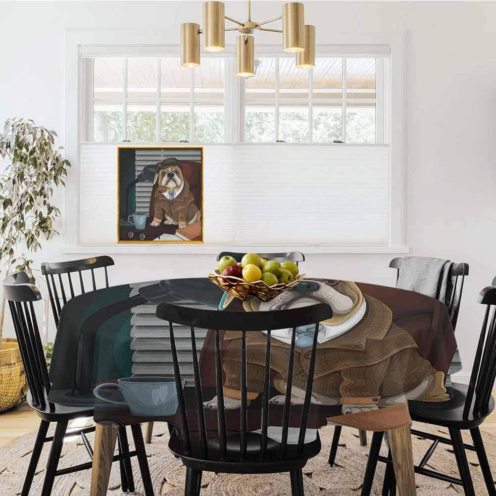 thanksgiving tablecloth round English Bulldog Round Tablecloth Stain Resistant, Washable, Spill Proof Traditional English Detective Dog with a Pipe and Hat Sherlock Holmes Image Multicolor D36 Inch