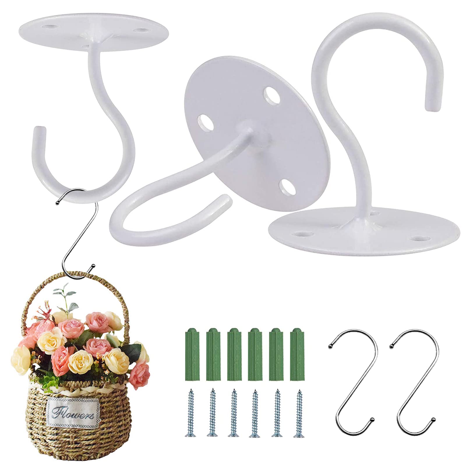 3PCS Ceiling Hooks Wall Mount Ceiling Hook Hanging Basket Bracket Metal Plant Bracket with S Hook for Hanging Plants, Bird Feeders, Lanterns, Wind Chimes(White)