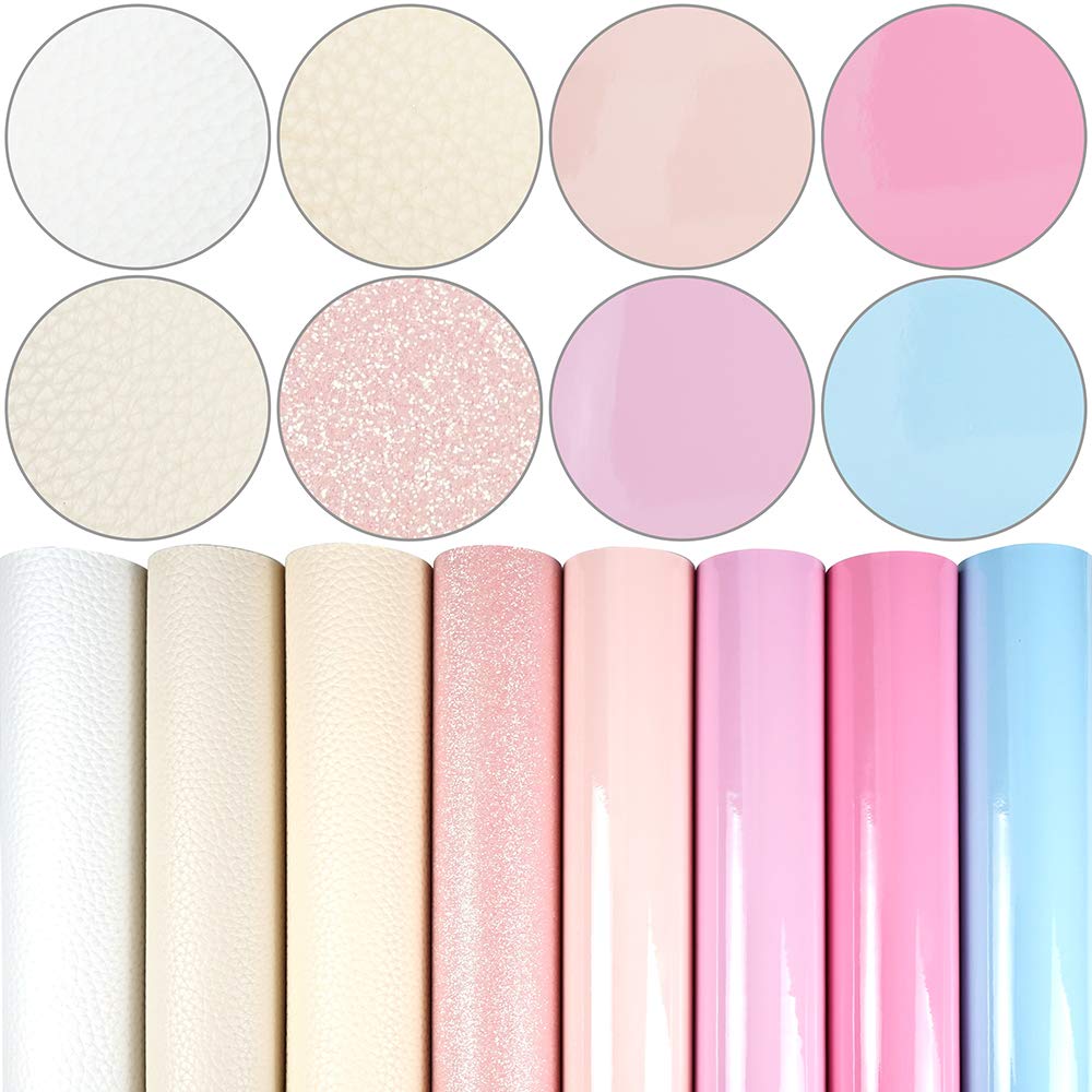 8 Pieces 8x12 Inch (21cm x 30cm) Faux Leather Sheets Mixed Candy Color Series Fine Glitter Litchi Texture Patent Fabric for Leather Bows Earrings Making
