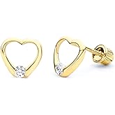 14k Yellow OR White Gold Open Heart Stud Earrings with Screw Back