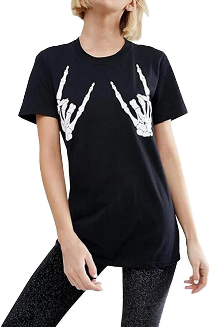 Women T Shirt Skull Finger Printed T-Shirt Halloween Skeleton Graphic Top Tee Junior Shirt T