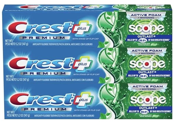 CREST PREMIUM PLUS SCOPE OUTLAST TOOTHPASTE, LONG LASTING MINT FLAVOR 5.2 OZ (PACK OF 3)