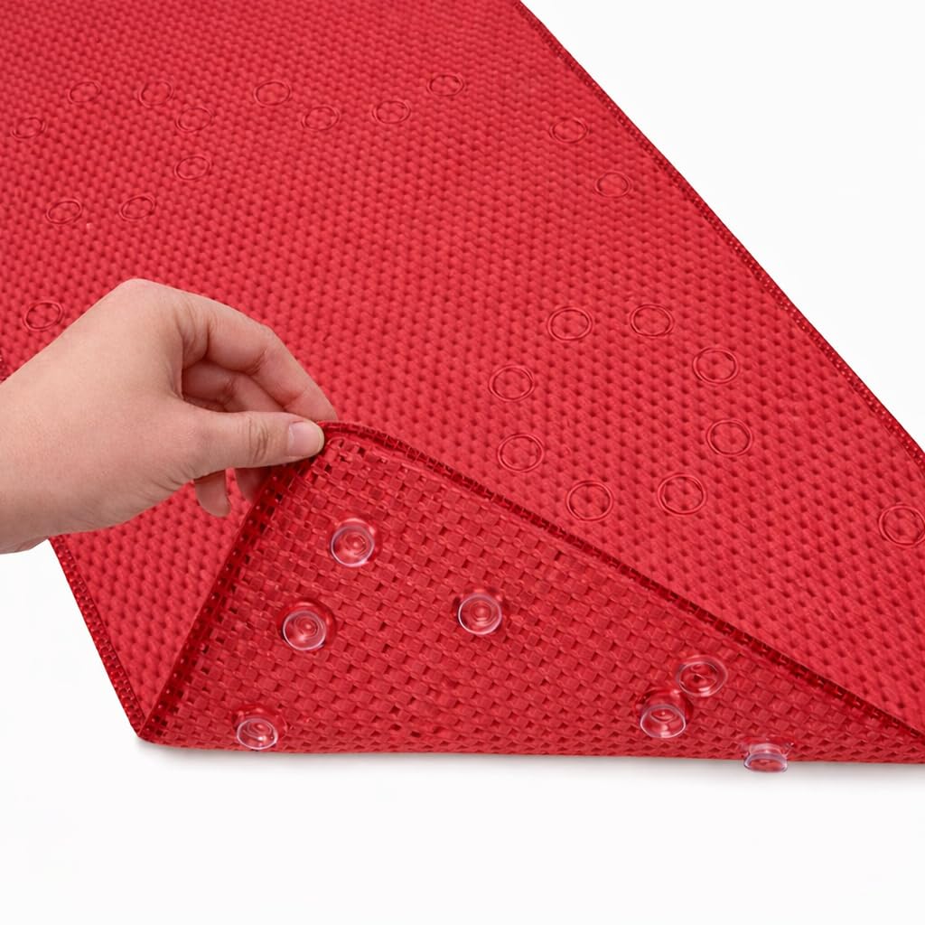 Deluxe Bathtub Mat Non Slip, Soft Foam Bath Mats for Bathroom Tub, Bathtub Mat with Drain Holes, Suction Cups- 36” X 17” - Red