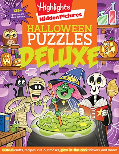 Halloween Puzzles Deluxe: Halloween Activity Book for Kids, 135 Glow-in-the-Dark Stickers, 96-pages of Mazes, Puzzles with Halloween Crafts & Recipes (Highlights Hidden Pictures)