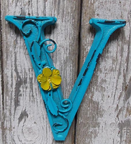 Fun 6" x 5.5" x .5" Cast Iron 3-D BLUE Wall LETTER " V " Wall Art Decor Alphabet Letter
