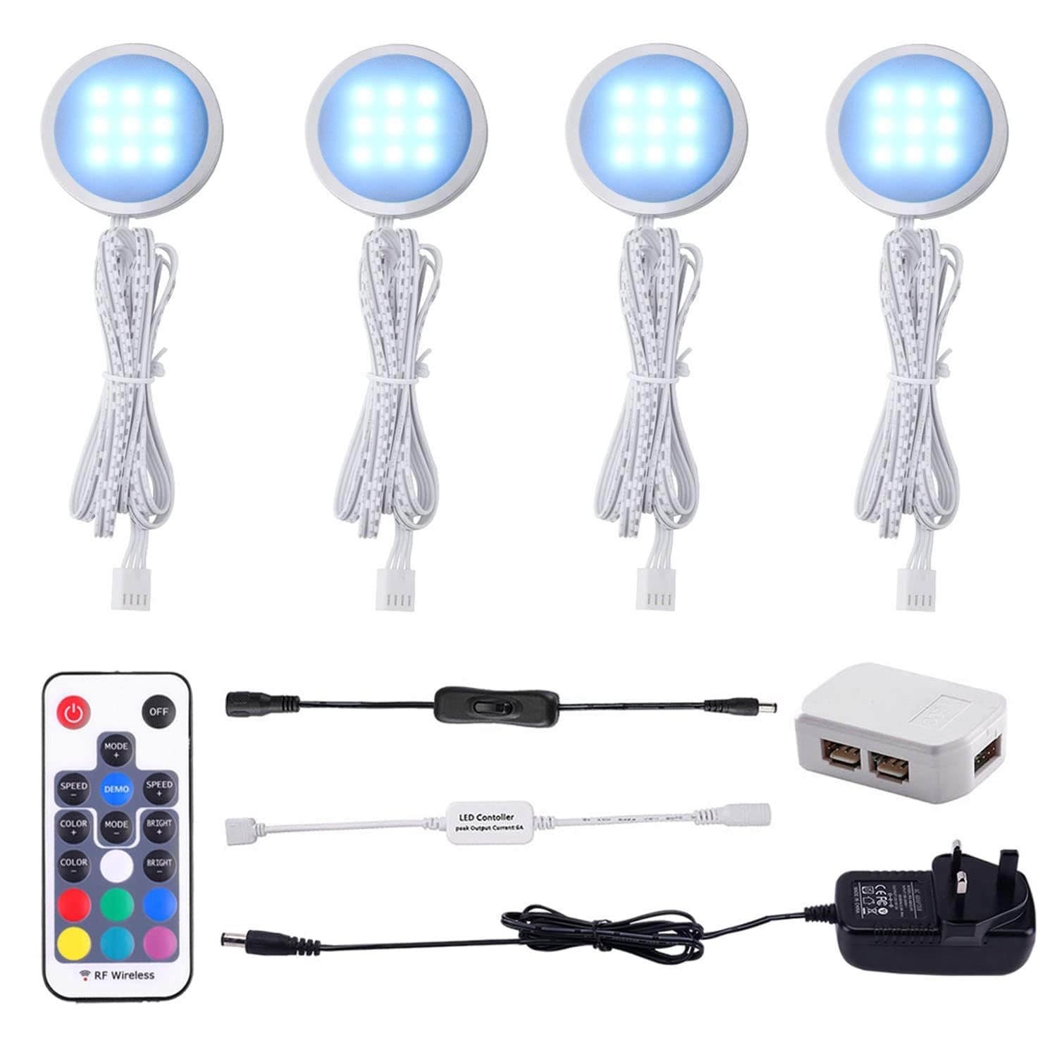 AIBOO Under Cabinet Kitchen Lights RGB 4 Pack with Remote,LED Under Cabinet Light Colour Changing Puck Light 12V Ultra Slim Dimmer&Timer Under Cupboard Kitchen Lights Pulg in,Under Counter Light