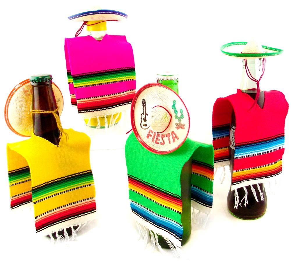 Set of 12 Serapes for Bottles and Mini Fiesta Hats for Bottles - 4 Inches by 11 Inches Poncho Cover, 3.5 Inches Wide Sombrero (Pack With 12 Each)