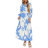 Wenrine Womens Maxi Shirt Dress Casual Floral Collared 3/4 Long Sleeve Drawstring Waist Fall Button Down Dresses