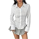 RoseSeek Women's Ruched Collared Blouses Long Sleeve Button Down Shirts Y2K Elegant Fitted Fall Top