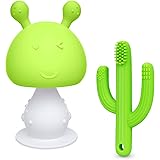 SHARE&CARE BPA Free Baby Teething Toys Set, 1pc Infant Rattling Mushroom Baby Teether Toys and 1pc Silicone Cactus Toothbrush